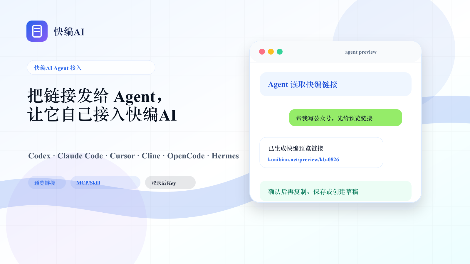 把这段提示词发给 Agent,让它安装快编AI Skill - 快编AI功能示意图